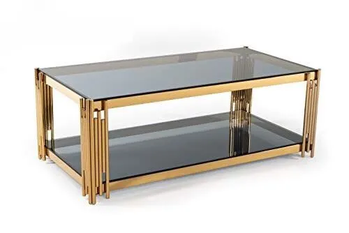 Bàn trà inox mạ vàng mặt kính cường lực đen - BTVP34