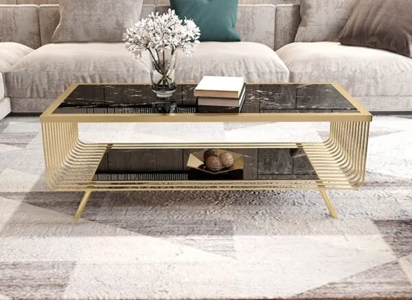 Bàn trà nhập khẩu mặt đá marble chân inox mạ vàng - BTVP49