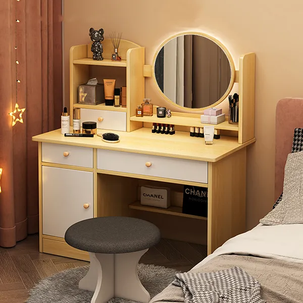 Bàn Trang Điểm Gỗ MDF Gương Tròn Có Đèn LED - BTDVP35