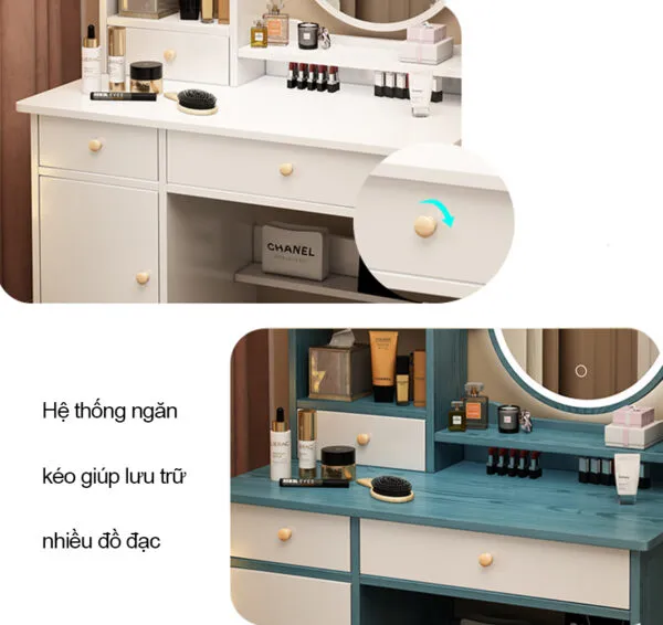 Bàn Trang Điểm Gỗ MDF Gương Tròn Có Đèn LED - BTDVP35