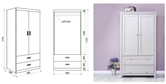 Kích thước tủ quần áo 2 cánh