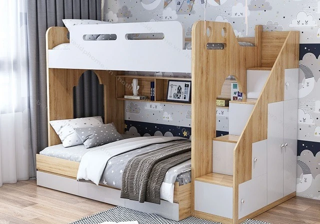 Mẫu giường ngủ hai tầng thiết kế cầu thang lên xuống có ngăn kéo đựng đồ