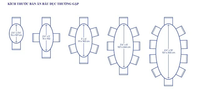 Kích thước bàn ăn hình bầu dục